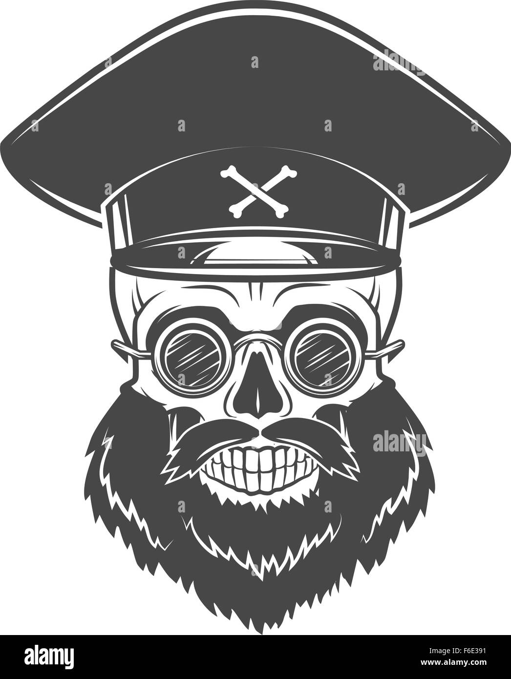 Cranio Barbuto con il Capitano cappello e occhiali di protezione. Dead crazy tiranno concetto del logo. Dittatore del vettore t-shirt illustrazione Illustrazione Vettoriale