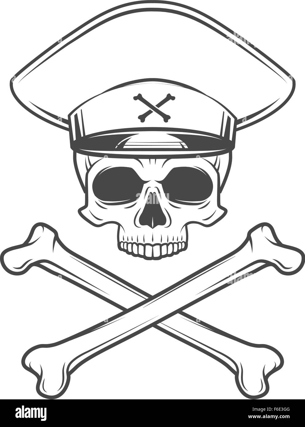Cranio con il generale hat e attraversare le ossa. Dead crazy tiranno concetto del logo. Militari del vettore t-shirt illustrazione. Illustrazione Vettoriale