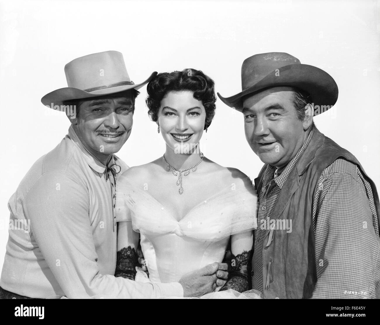 Data di rilascio: febbraio 8, 1952. Il titolo del filmato: Lone Star. STUDIO: Metro Goldwyn Mayer (MGM). Trama: Il ruggente grande stella, grande budget semi-storico storia di bovino barone Devereaux Burke, chi è arruolato da un invecchiamento Andrew Jackson per dissuadere la Sam Houston da stabilire Texas come una repubblica. Burke deve lottare contro lo stato senatore Thomas Craden, nel processo conquistando il cuore di Craden del quotidiano-editor fidanzata Martha Ronda. Nella foto: Clark Gable come Devereaux Burke, Ava Gardner come Martha Ronda e BRODERICK CRAWFORD come Thomas Craden. Foto Stock