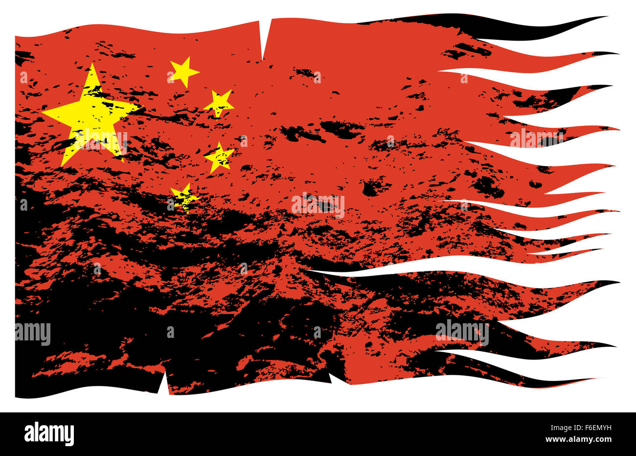 Un andamento ondulato e grunged bandiera cinese isolato su uno sfondo bianco Foto Stock