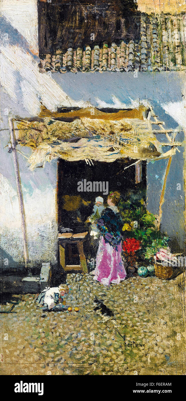 Marià Fortuny - Giovane Donna con lilla mantello colorato, da un negozio di vegetali Foto Stock