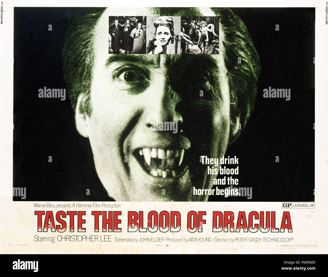 Data di rilascio: giugno 1970. Il titolo del filmato: il gusto del sangue di Dracula. STUDIO: Hammer Film Productions. Trama: tre anziani illustri signori sono alla ricerca di qualche emozione nella loro noiosa vita borgoueis ed entra in contatto con una delle conte Dracula servi. In una cerimonia serale non ripristinare il conteggio torna alla vita. I tre uomini uccisi di Dracula e servo come una vendetta, il conteggio si fa in modo che i colleghi sono uccisi uno per uno tramite i propri figli. Foto Stock