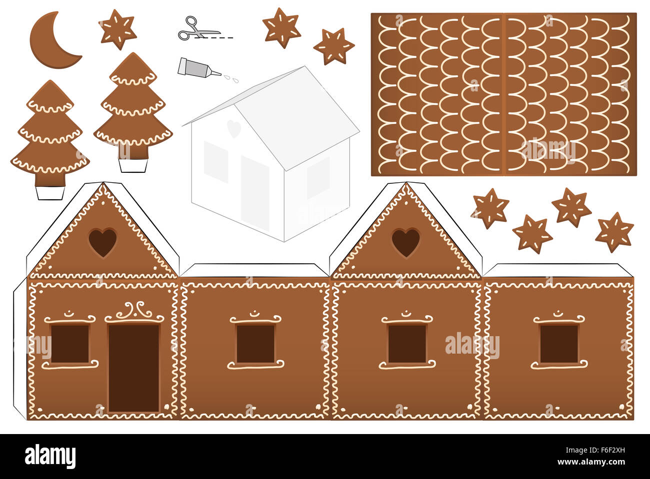 Gingerbread house modello di carta con alberi, la luna e le stelle. Foto Stock