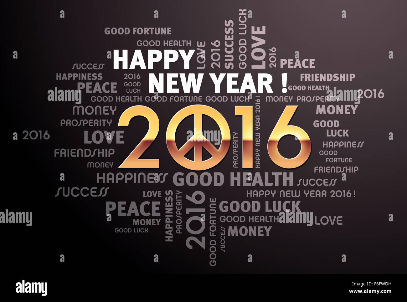 Parole di saluto intorno all anno 2016 Tipo in oro con amore e pace simbolo su sfondo nero Foto Stock