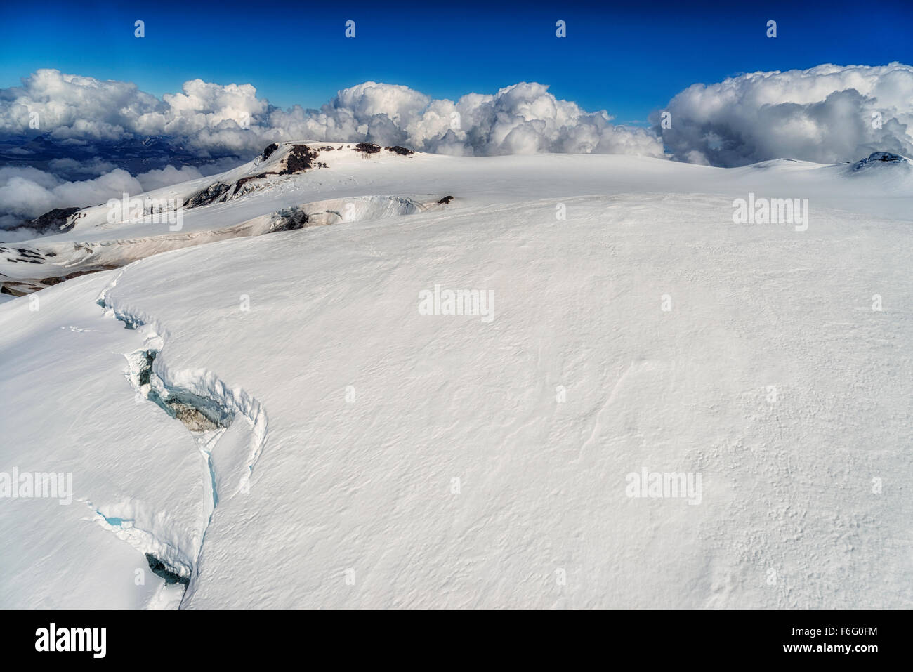 Gigjokull ghiacciaio Eyjafjallajokull Vulcano è sotto la neve, Islanda Foto Stock