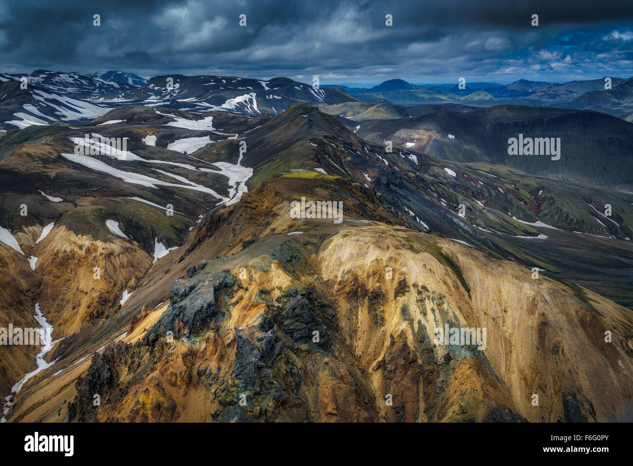 Vista aerea, Landmannalaugar, Highlands Centrali, Islanda Foto Stock