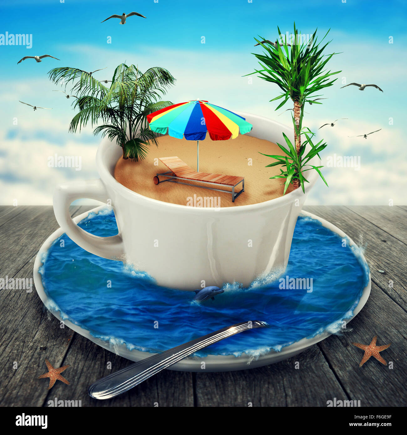 Illustrazione di una tazza magica riempito con acqua e sabbia. Una spiaggia vicino al mare. Fare una pausa al sogno di vacanza. Mondo di fantasia. Foto Stock