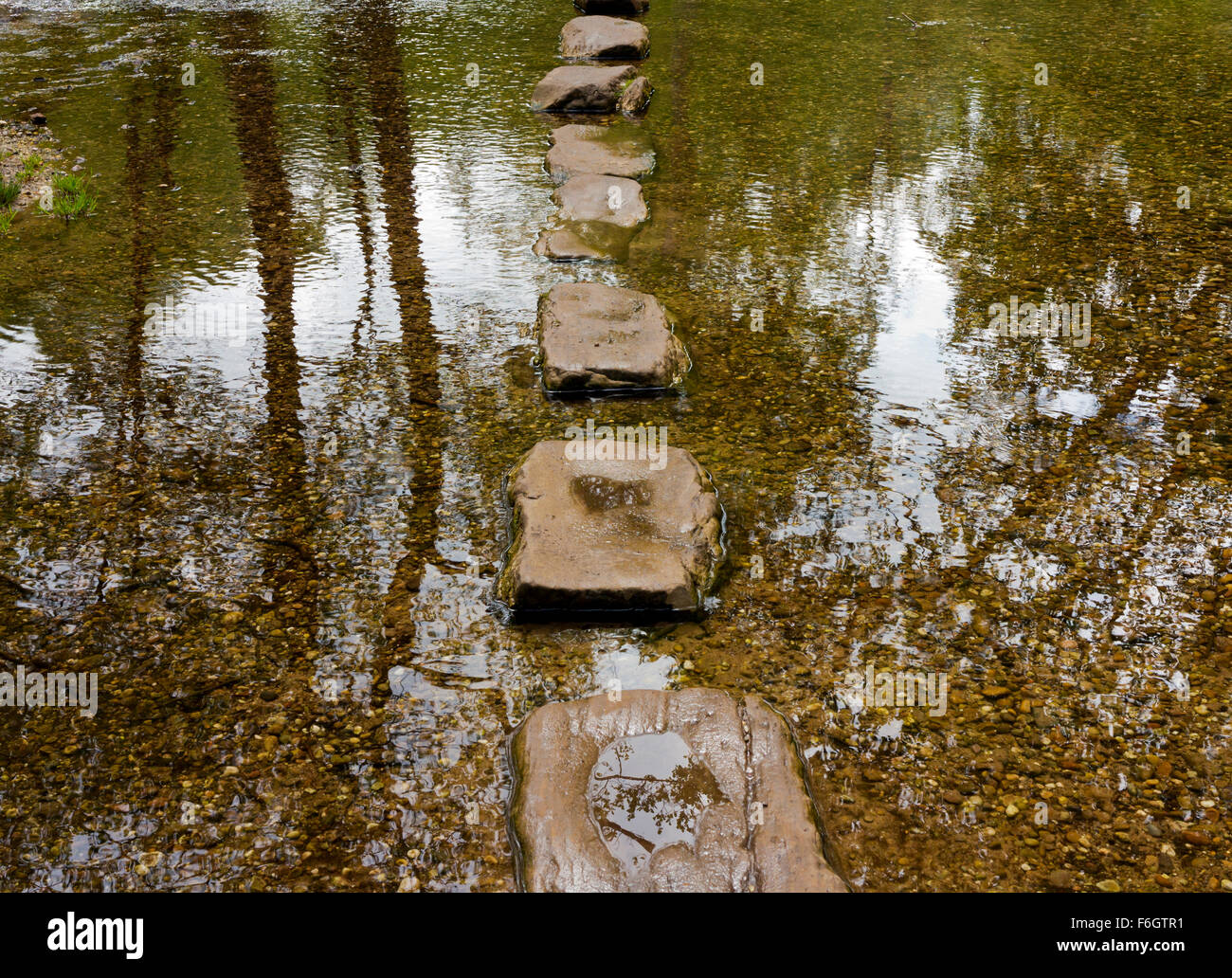 Pietre miliari su un ruscello tranquillo con alberi riflessi nell'acqua Foto Stock