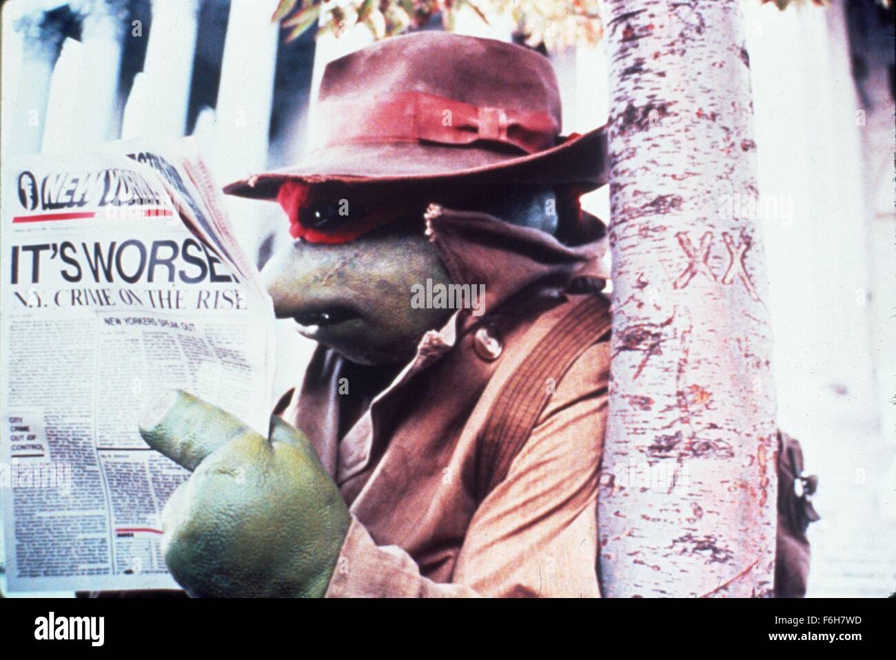 Data di rilascio: Marzo 30, 1990 il titolo del filmato: Teenage Mutant Ninja tartarughe STUDIO: 888 Productions direttore: Steve Barron Trama: un quartetto di tartarughe umanoide addestrati da loro mentore in ninjitsu deve imparare a tirare insieme per affrontare la minaccia della trinciatrice e il clan del piede. Nella foto: Josh Pais come Raffaello. (Credito Immagine: c 888 produzioni/Entertainment Immagini) Foto Stock