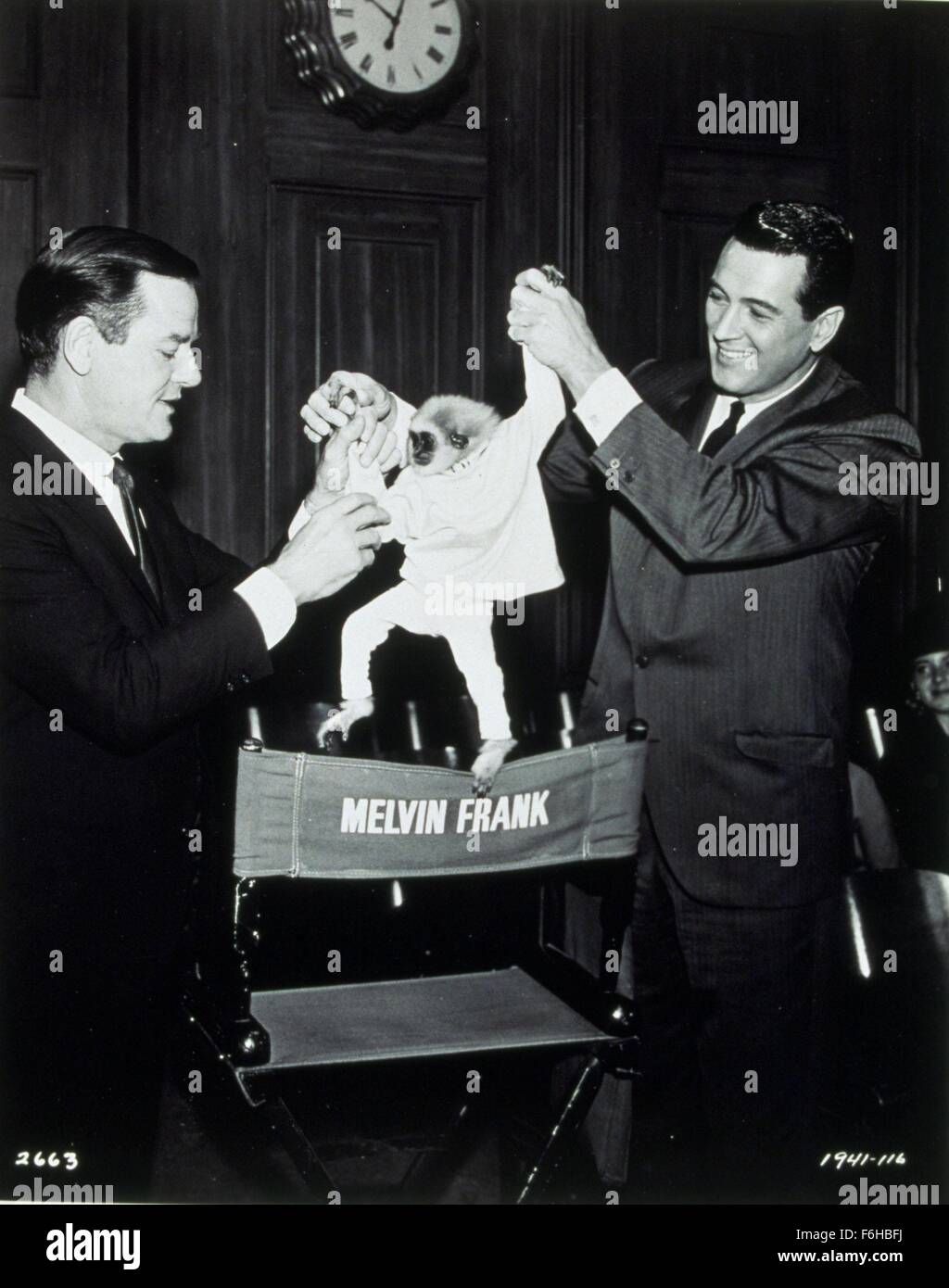 1964, il titolo del film: strani BEDFELLOWS, Direttore: MELVIN FRANK, nella foto: Animali (con attori), MELVIN FRANK, Rock Hudson, scimmia (gibbone). (Credito Immagine: SNAP) Foto Stock