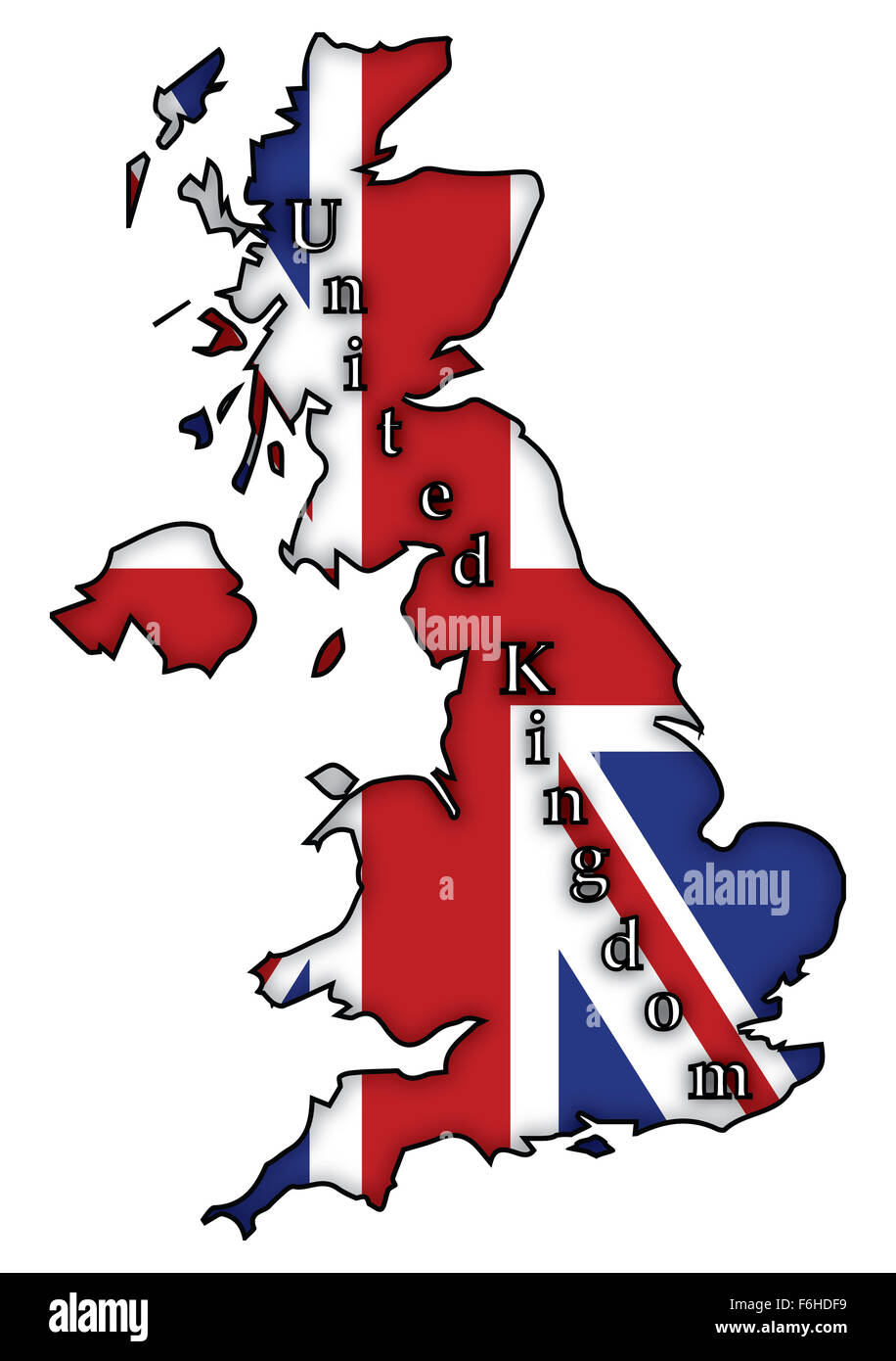 Una bandiera del Regno Unito su una mappa del Regno Unito isolato su uno sfondo bianco Foto Stock