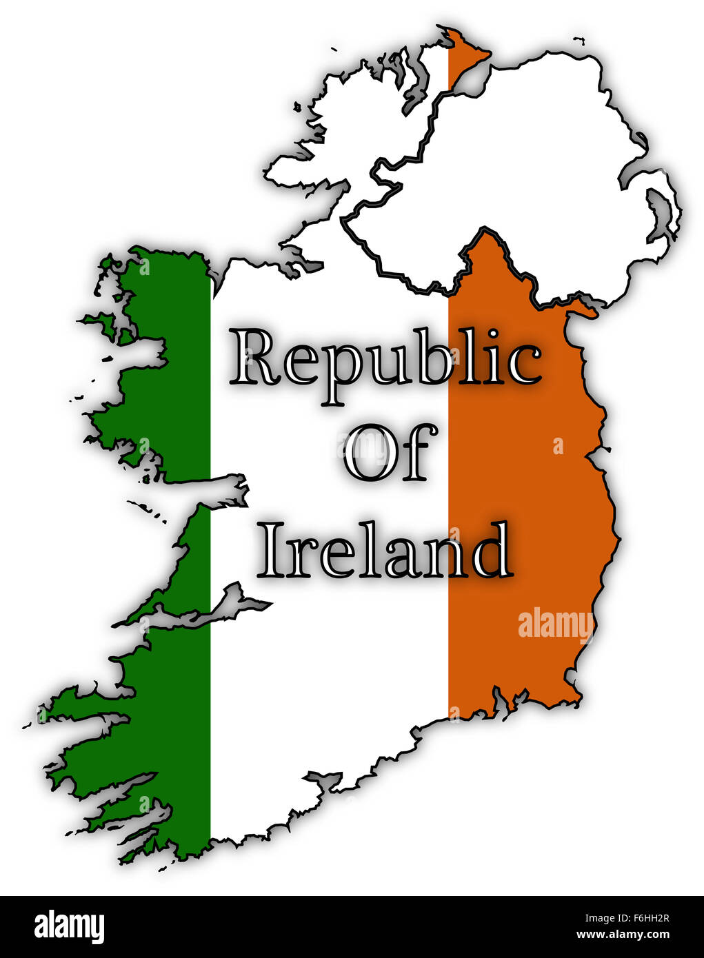 Repubblica di Irlanda bandiera nella mappa isolato su uno sfondo bianco Foto Stock