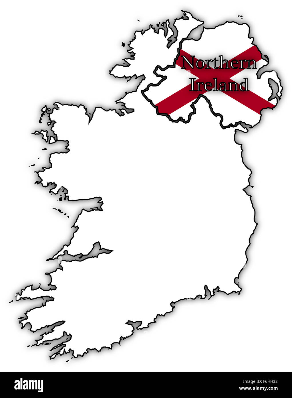Irlanda del Nord bandiera nella mappa isolato su uno sfondo bianco Foto Stock