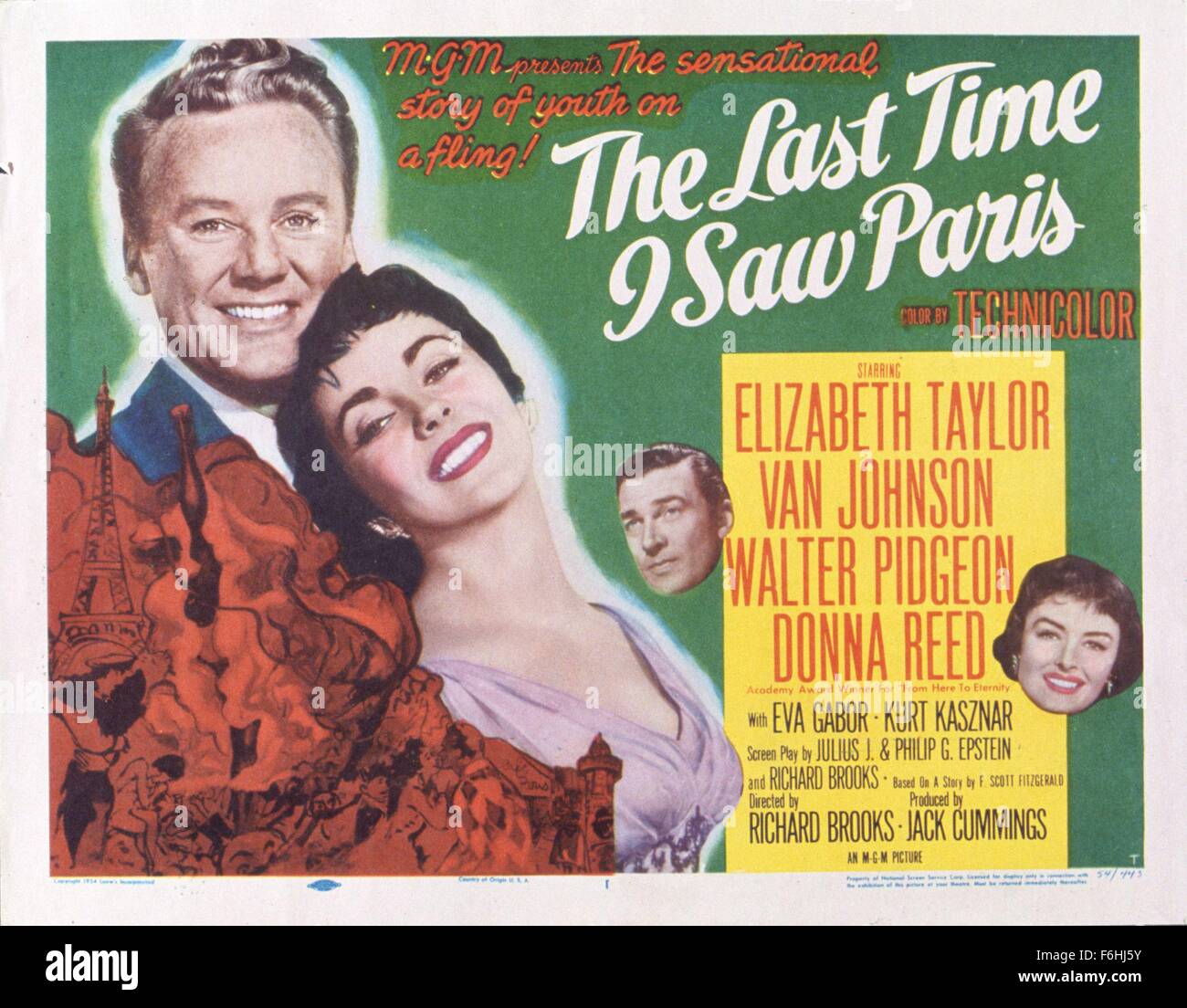 1955, il titolo del film: l'ultima volta che ho visto Parigi, Direttore: RICHARD BROOKS, Studio: MGM, nella foto: FILM STILL, VAN JOHNSON, Elizabeth Taylor, Liz Taylor, POSTER ART. (Credito Immagine: SNAP) Foto Stock