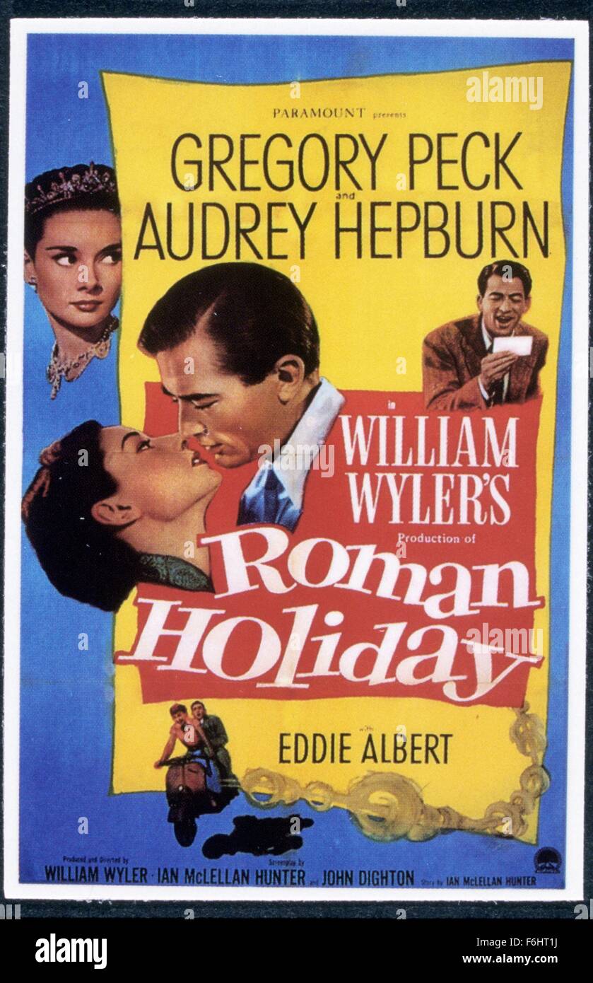 1953, il titolo del film: Vacanze Romane, Direttore: William Wyler, Studio: Paramount, nella foto: Audrey Hepburn, Gregory Peck, locandina, romanticismo, baciare. (Credito Immagine: SNAP) Foto Stock