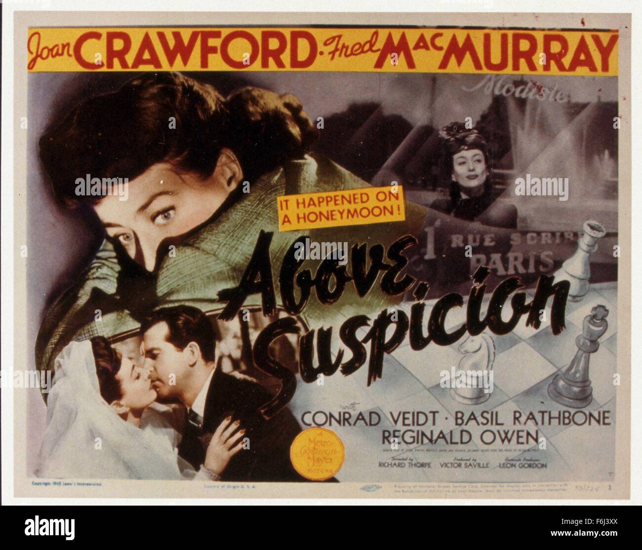 1943, il titolo del film: al di sopra di ogni sospetto, Direttore: RICHARD THORPE, Studio: MGM, nella foto: americani all'estero, Joan Crawford, FRED MacMURRAY, mistero (SPOOF-comico), Spies. (Credito Immagine: SNAP) Foto Stock