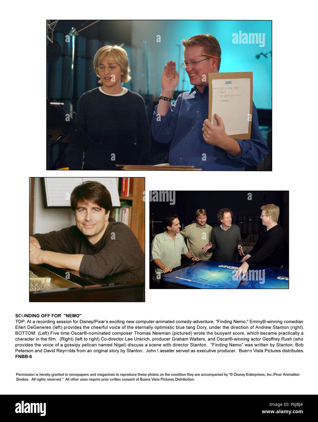 Maggio 18, 2003; Hollywood, CA, Stati Uniti d'America; (top) ELLEN GEGENERES come la voce di Dory con il regista Andrew Stanton, (in basso a sinistra) Il compositore Thomas Newman, e (in basso a destra) Direttore Lee Unkrich, produttore GRAHAM WALTERS, GEOFFREY RUSH come voce di Nigel, e Direttore Andrew Stanton dalla famiglia avventura animata ''Finding Nemo" diretto da Andrew Stanton e Lee Unkrich. Foto Stock