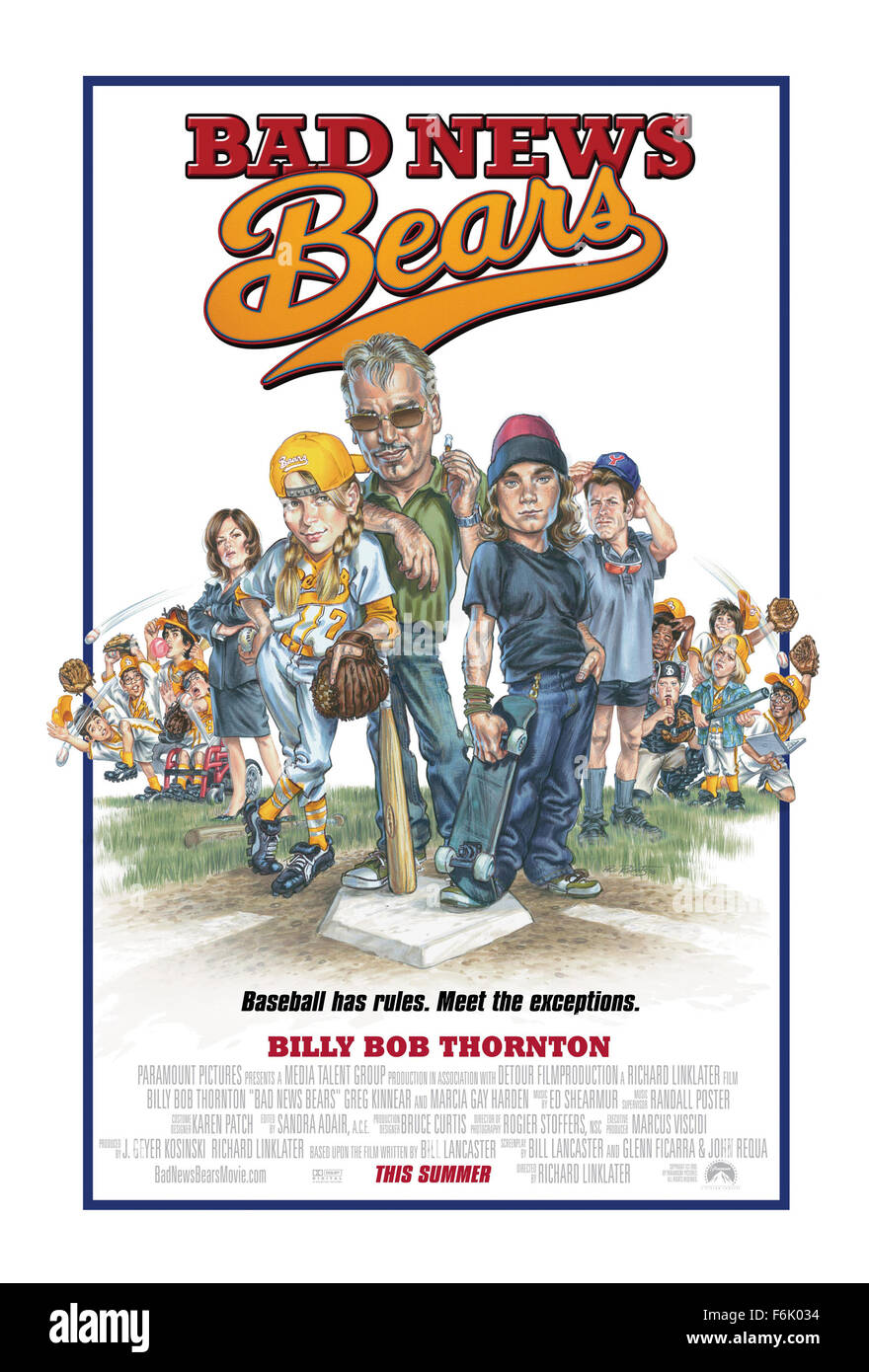 Data di rilascio: luglio 22, 2005 il titolo del filmato: Bad News Bears STUDIO: Deviazione Filmproduction trama: Morris Buttermaker (Thornton), una gradazione di pest distacco lavoratore e ex giocatore professionale di baseball (per un periodo di tempo molto breve), viene reclutato in pulmann e treno in mancanza di una squadra di baseball di dodici anni che è in procinto di essere gettati al di fuori del campionato. Diretto da Richard Linklater. Nella foto: poster del filmato. (Credito Immagine: c Paramount Pictures/Entertainment Immagini) Foto Stock