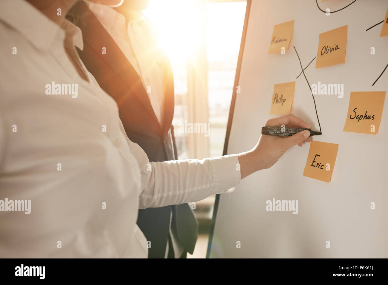 Ritagliato colpo di uomini di affari che l'esecuzione di coppie di dipendenti per rendere efficiente il team di vendita. Donna associazione sticky notes su whitebo Foto Stock