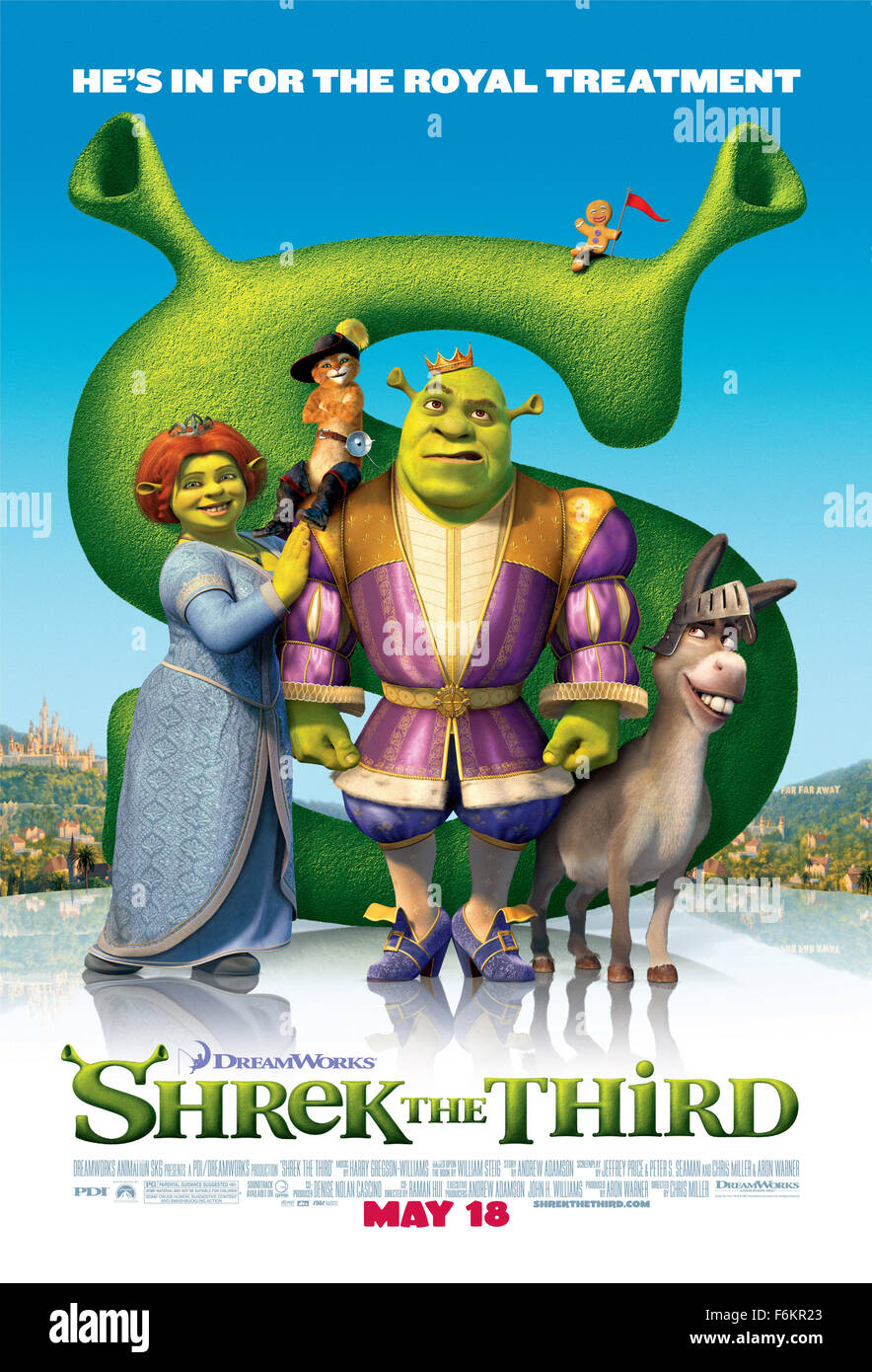 Data di rilascio: maggio 18, 2007. Il titolo del filmato: Shrek Terzo - STUDIO: PDI / DreamWorks Productions. Trama: quando il suo nuovo suocero, re Harold (Cleese) si ammala, Shrek (Myers) è guardato come l'erede di terra di lontano. Non uno a rinunciare alla sua amata palude, Shrek recluta i suoi amici asino (Murphy) e Puss In Boots (Banderas) per installare il ribelle Artie (Timberlake) come nuovo re. La principessa Fiona (Diaz), tuttavia, raduni una banda di royal fidanzate di fends off di un colpo di stato da parte del jilted Prince Charming (Everett). Nella foto: arte composita per il fotogramma poster del filmato con Mike Foto Stock