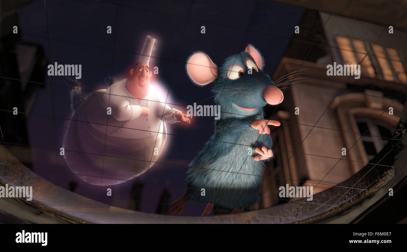 Data di rilascio: giugno 29, 2007. STUDIO: Pixar Animation Studios / Walt Disney Pictures. Trama: un giovane ratto vivono all interno delle mura di un famoso bistro Parigi vuole diventare un cuoco, ma è ostacolato dalla sua famiglia è lo scetticismo e la rat-disprezzando il personale e patroni. Nella foto: BRAD GARRETT come voce di Auguste Gusteau, Patton Oswalt come la voce di Remy. Foto Stock
