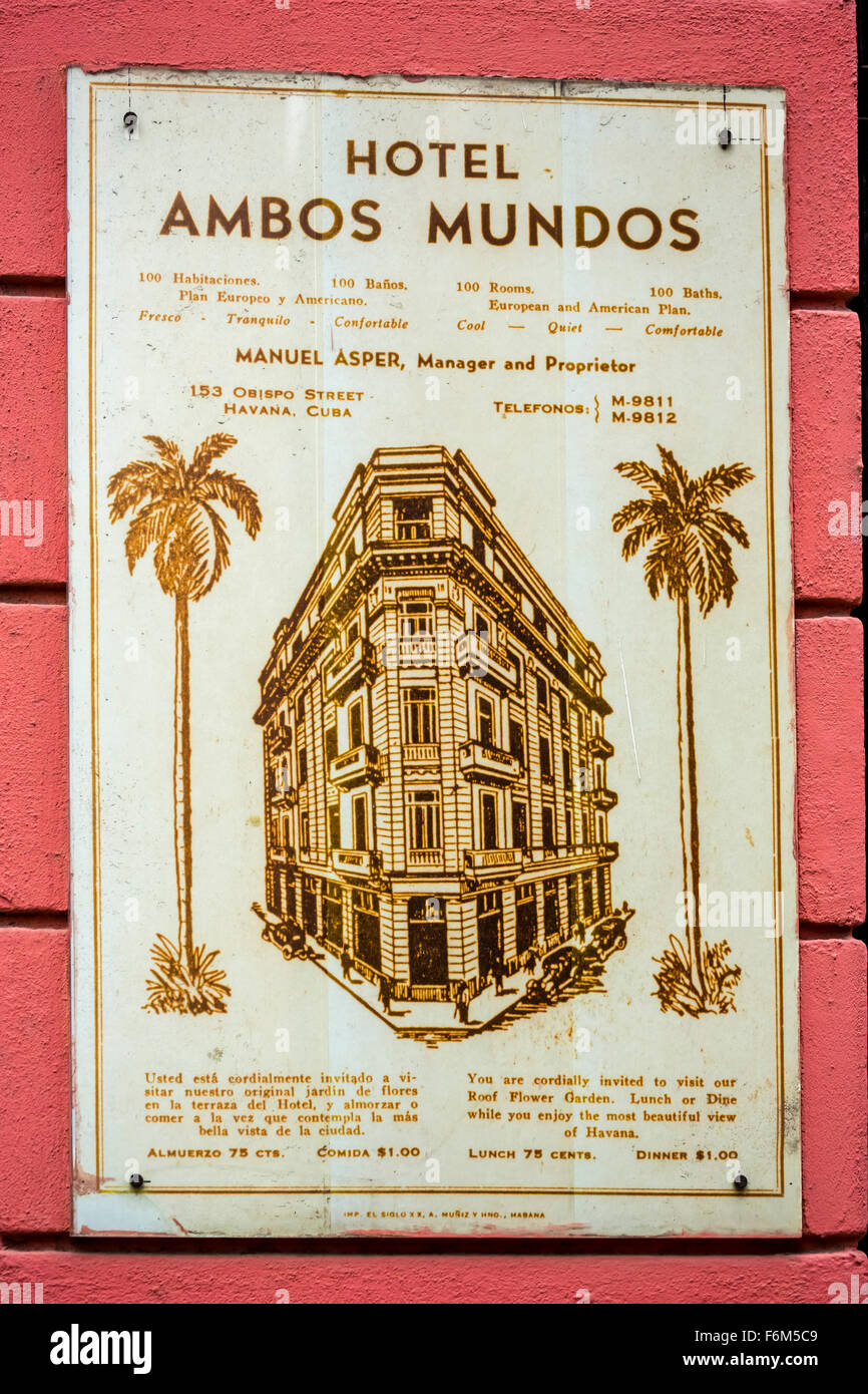 Scudo storico sul sito, Hotel Ambos Mundos, Hotel segno sulla facciata, Hotel dello scrittore Ernest Hemingway, Cuba, Foto Stock