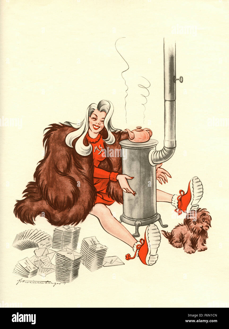 Tedesco illustrazioni satirico 1950: una donna diventa calda con un riscaldatore Foto Stock