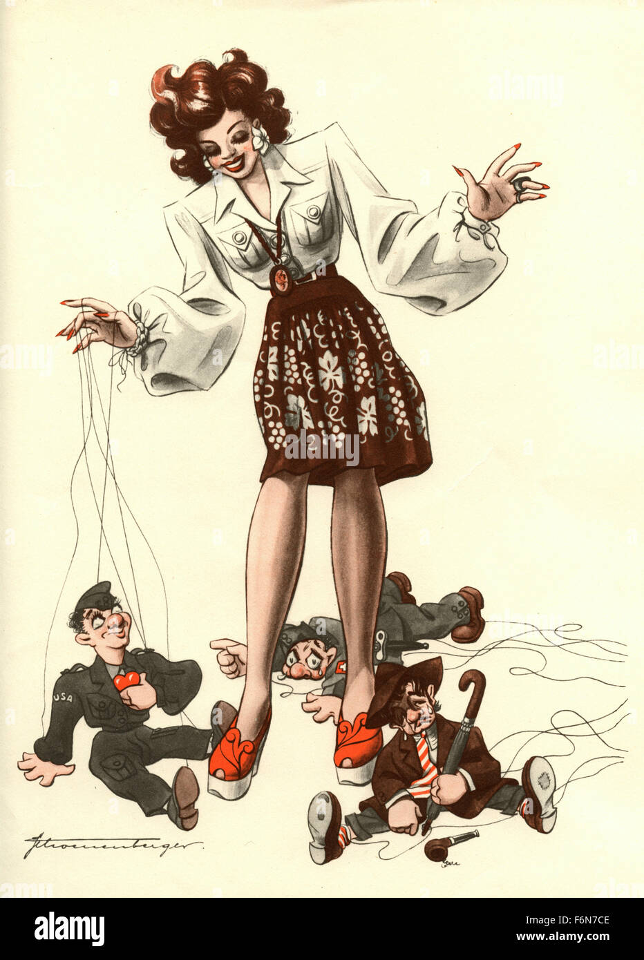 Tedesco illustrazioni satirico 1950: una donna con tre marionette Foto Stock
