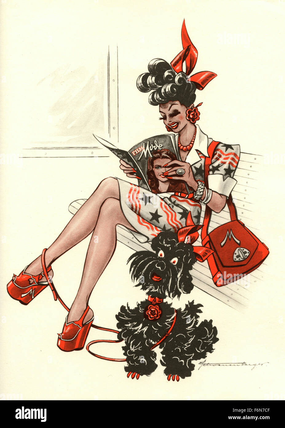 Tedesco illustrazioni satirico 1950: una donna con cane leggendo una rivista Foto Stock
