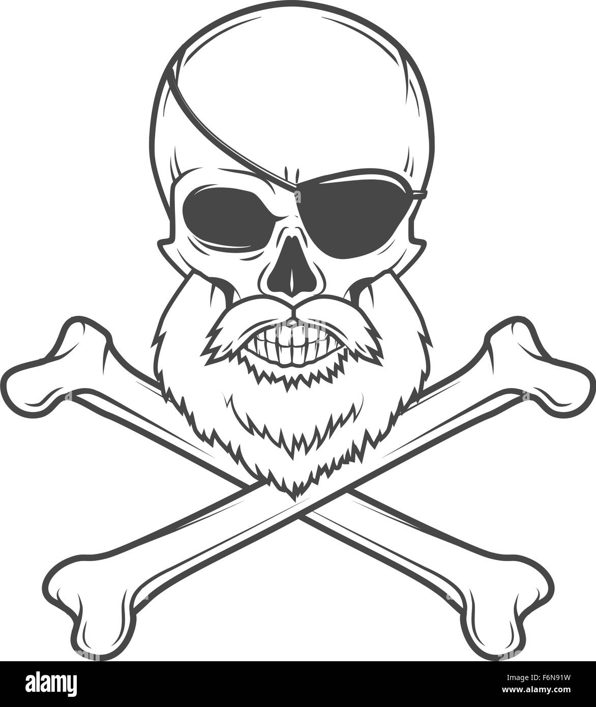 Il teschio pirata con la barba, occhio patch e attraversata da ossa vettore. Edward Teach ritratto. Il logo Corsair modello. Filibuster t-shirt design insignia Illustrazione Vettoriale