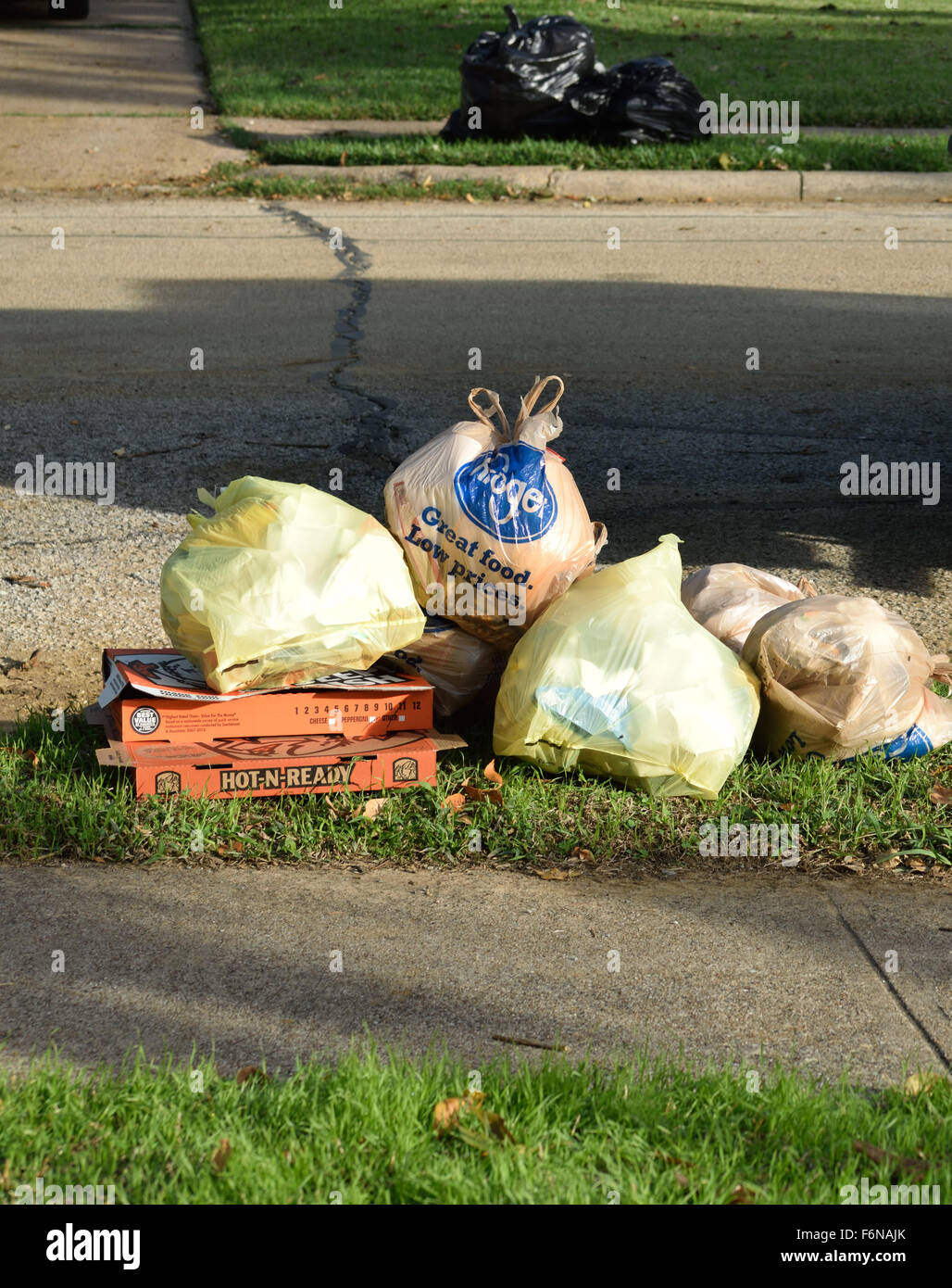 Sacchetti della spazzatura e svuotare scatole per pizza seduti sul cordolo di un suburban street. Foto Stock