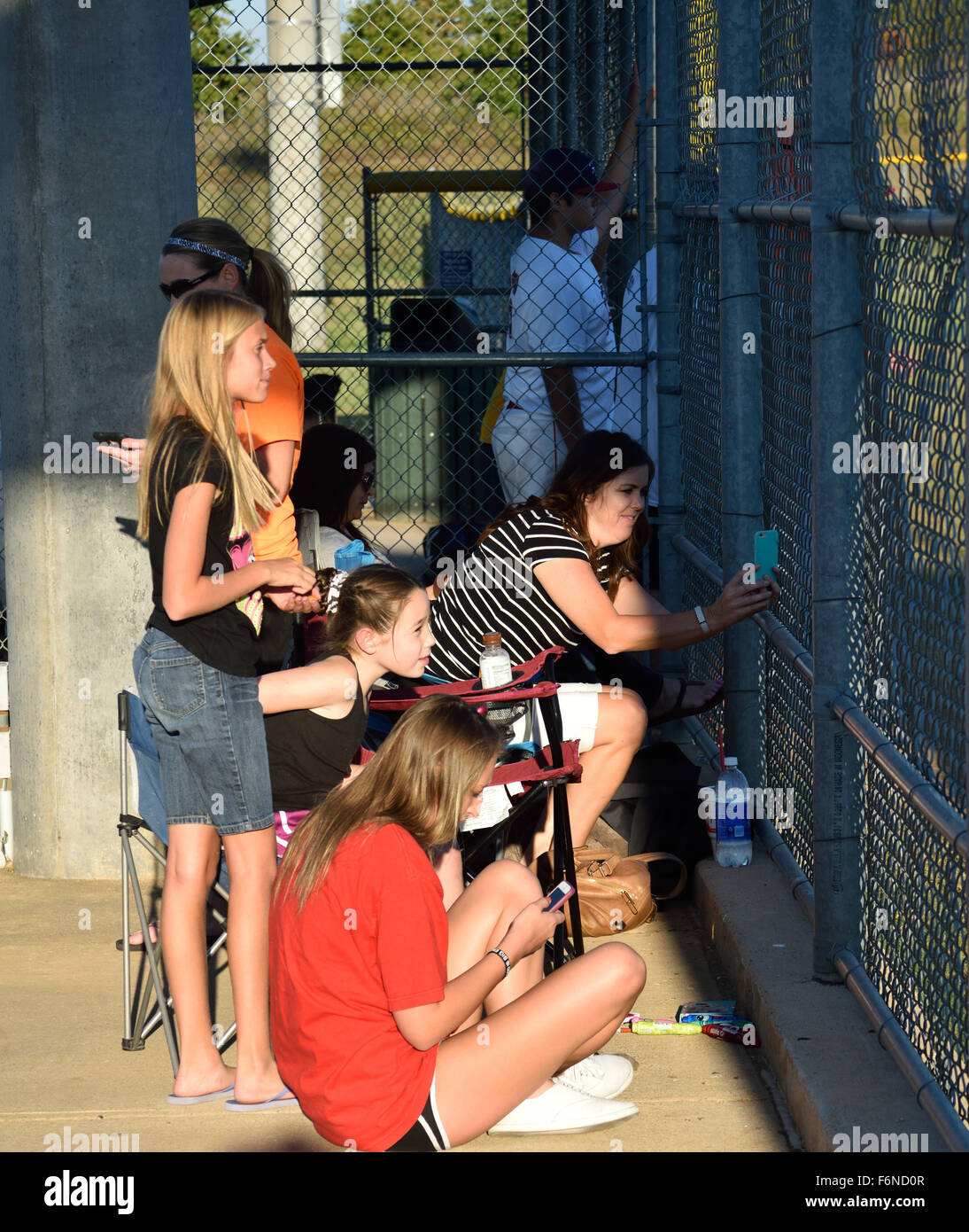 Le ragazze ad una partita di baseball e ciascuno ha il proprio dispositivo mobile. Foto Stock