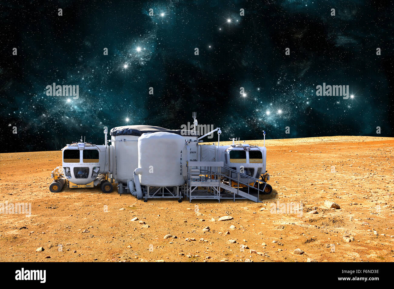 Un artista della raffigurazione di una base planetaria in un mondo arido. La piccola colonia è equipaggiato con due rover per gli astronauti a utilizzare Foto Stock