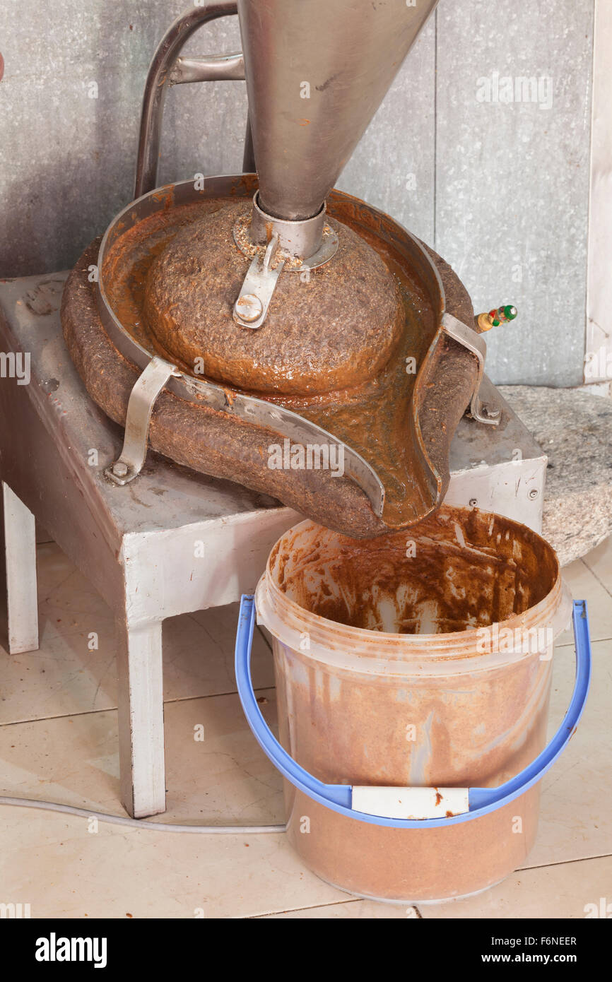 Olio di Argan produzione, Marocco Foto Stock