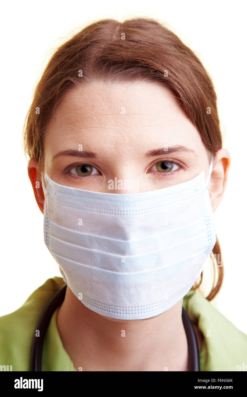 Medico donna con una maschera di respirazione al di sopra della bocca Foto Stock