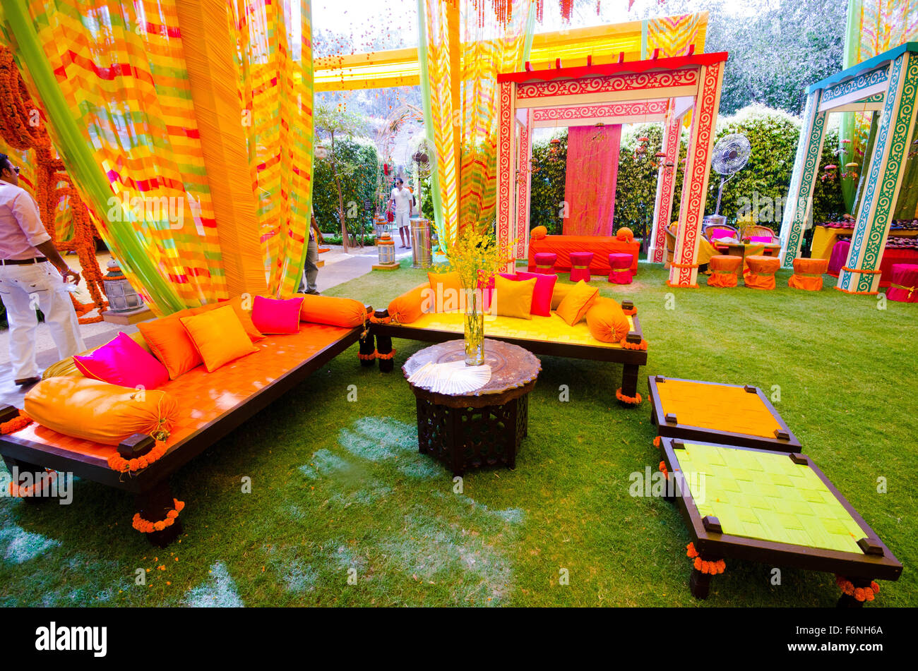 Matrimonio sala decorata, Jodhpur, Rajasthan, India, Asia Foto Stock