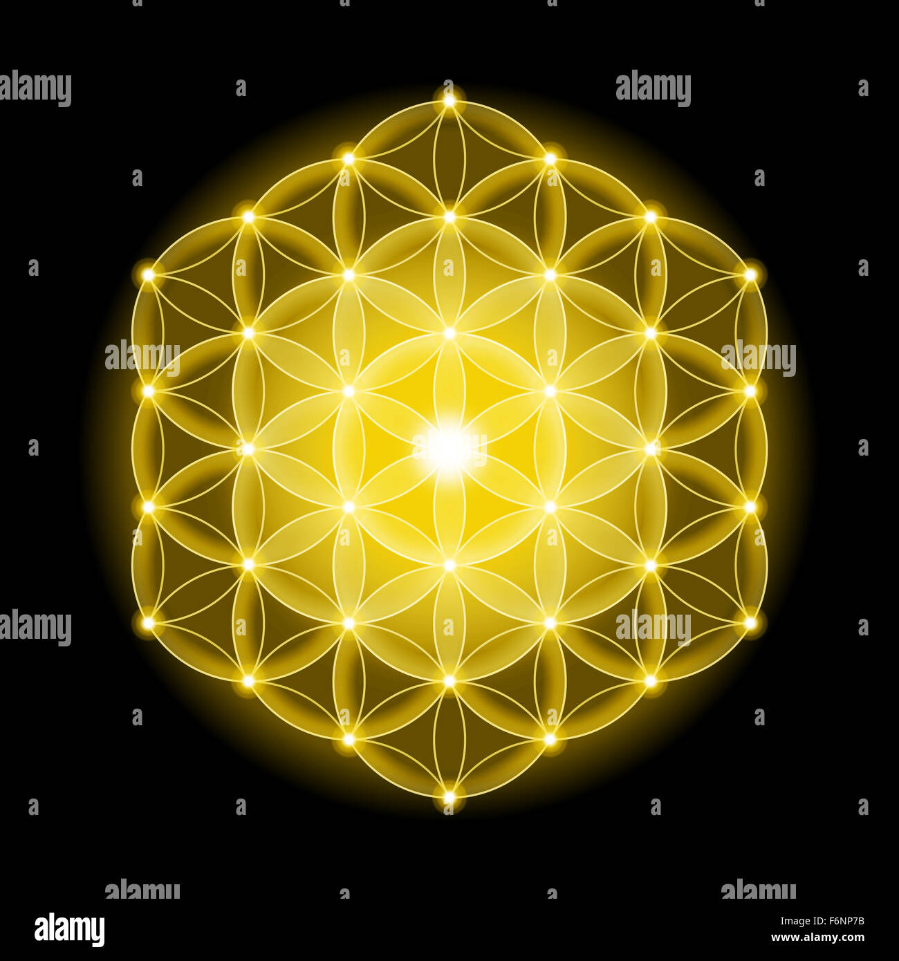 Golden cosmic Fiore della Vita con le stelle su sfondo nero, un simbolo spirituale e Geometria Sacra fin dai tempi antichi. Foto Stock