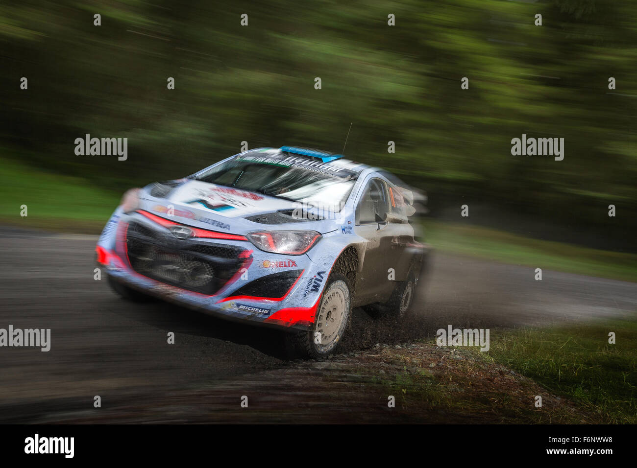 Kevin Abbring & Seb Marshall, SS3 Myherin, Rally Galles GB 2015, WRC. 10 Hyundai Motorsport, Hyundai i20 WRC, azione Foto Stock