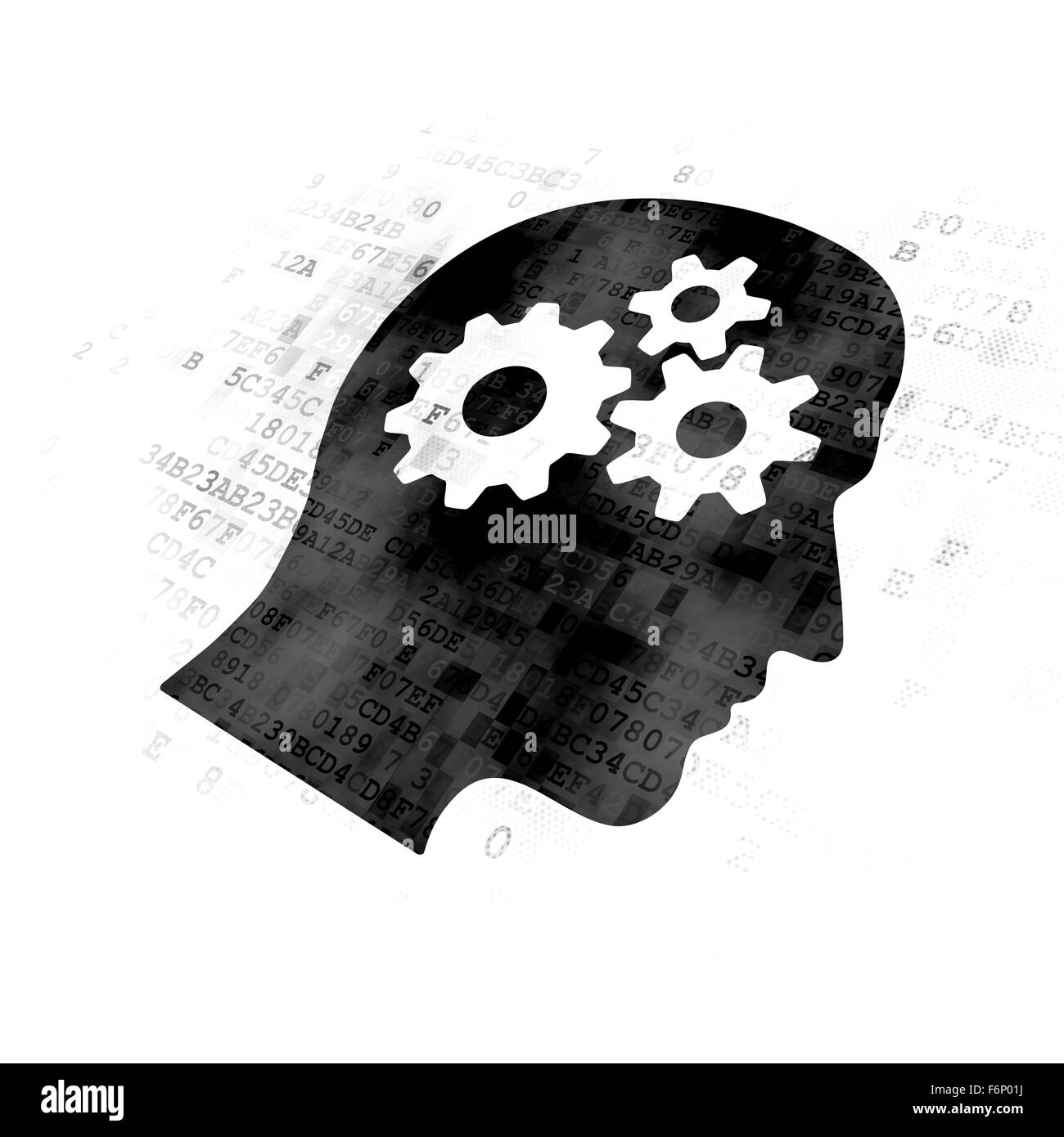 Studiare il concetto: la testa con marce su sfondo digitale Foto Stock