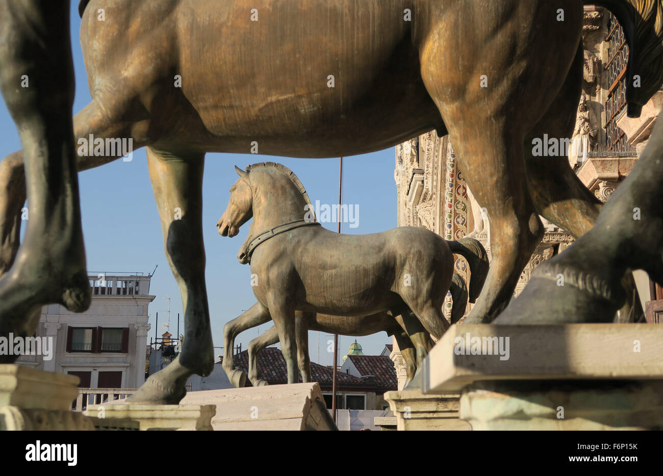 Cavallo di bronzo scultura sulla Basilica di San Marco, Venezia. Foto Stock