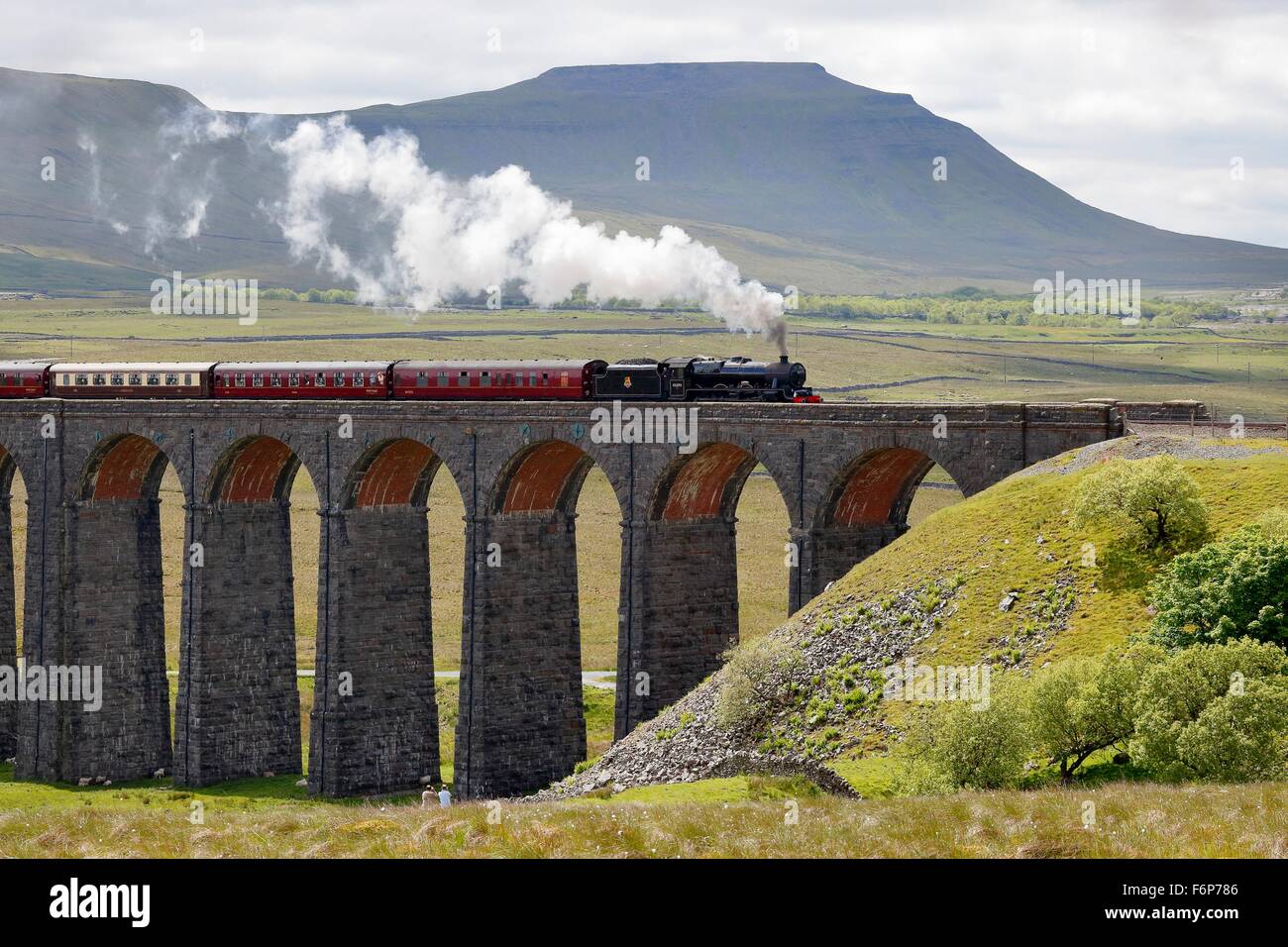 Viadotto Ribblehead. Treno a vapore LMS Giubileo Classe Leander 45690 attraversato il viadotto di seguito Ingleborough hill. Foto Stock