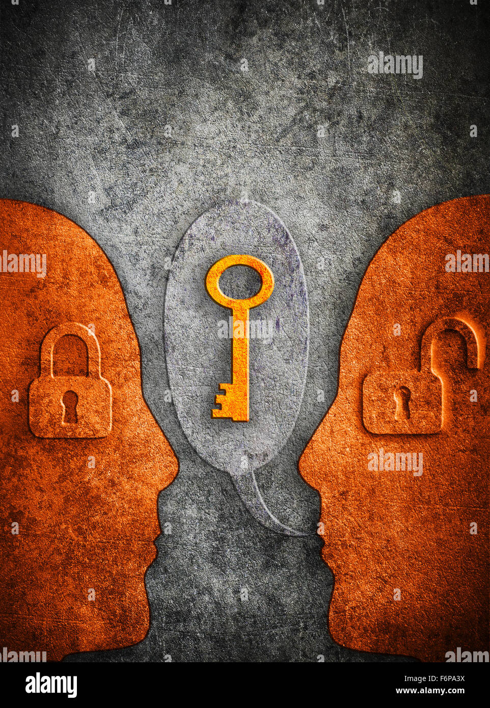 Conoscenza illustrazione digitale concetto con sagoma umana lucchetti e spazio di copia Foto Stock