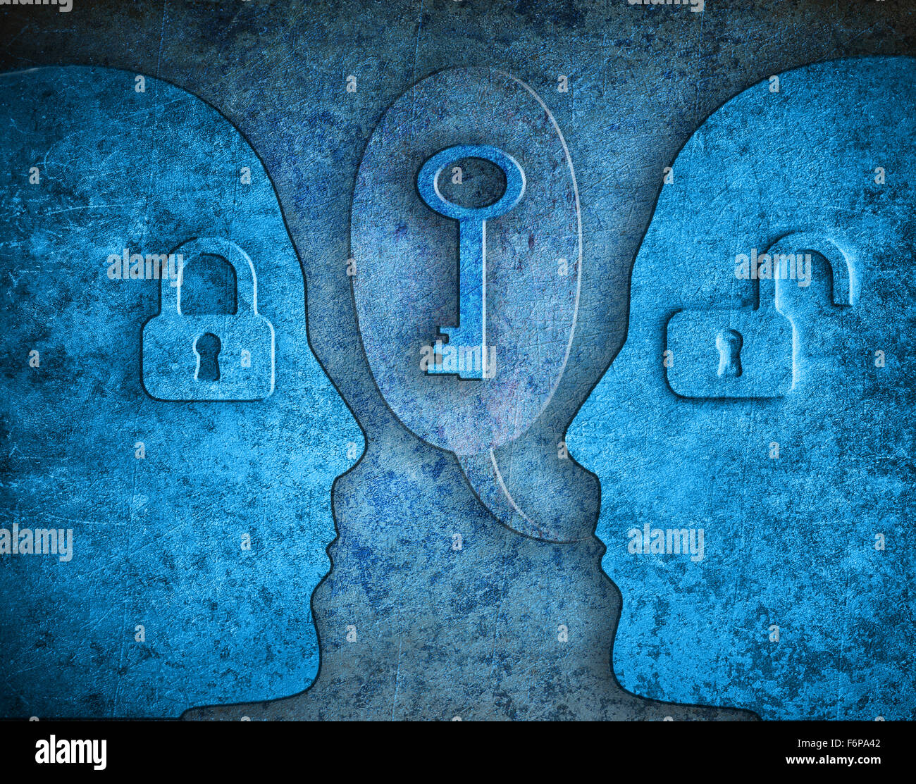 Conoscenza illustrazione digitale concetto con sagoma umana lucchetti e kay Foto Stock