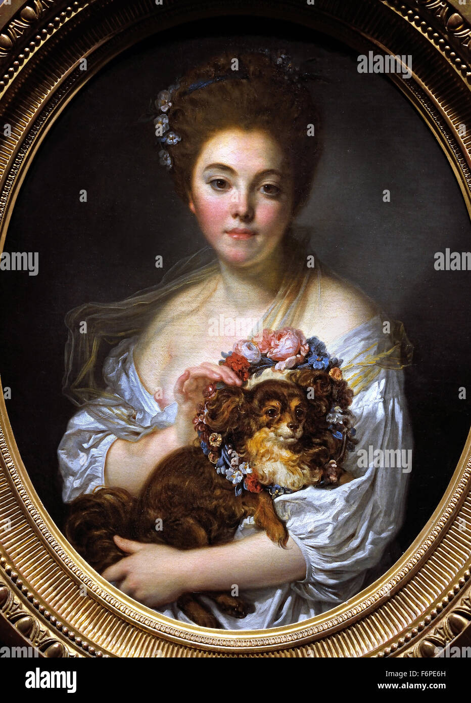 Giovane Donna con fiori a coronamento di un piccolo nero spaniel, chiamato Lady Porchien Marie Élisabeth Louise Vigée Le Brun 1755 -1842 Paris Francia Francia ( rococò pittore neoclassico ) Foto Stock