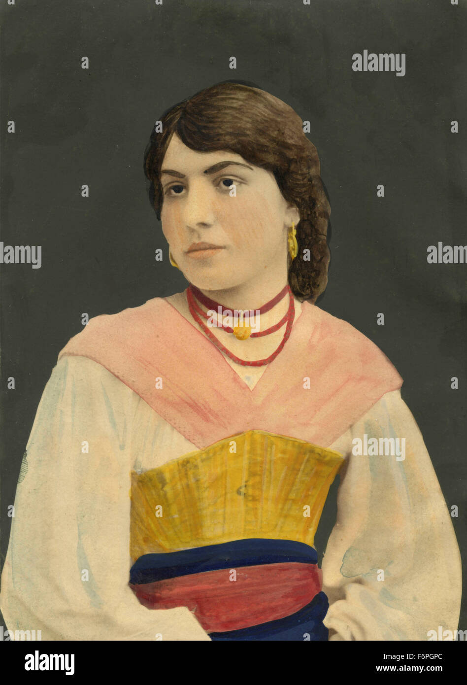 Modello dalla Ciociaria con la classica testiera, Anticoli Corrado, Italia Foto Stock