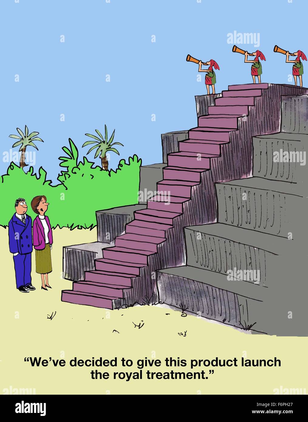 Business cartone animato che mostra una grande scalinata e buglers, "abbiamo deciso di dare a questo lancio del prodotto il trattamento reale'. Foto Stock