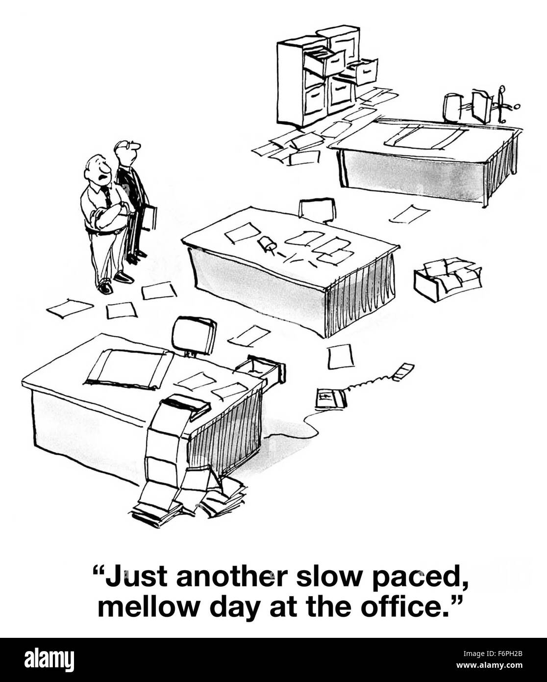 Business cartoon di ufficio disordinato, "Solo un altro ritmo lento mellow giorno in ufficio". Foto Stock