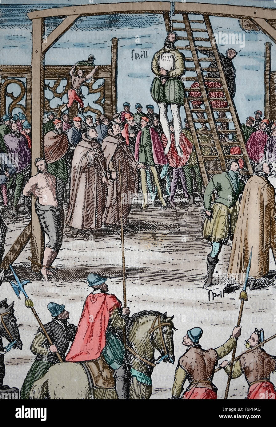Scena di appendere nelle Fiandre, 1570. La punizione per i luterani. Incisione di Franz Hogenberg (1535-1590). Colore. Foto Stock