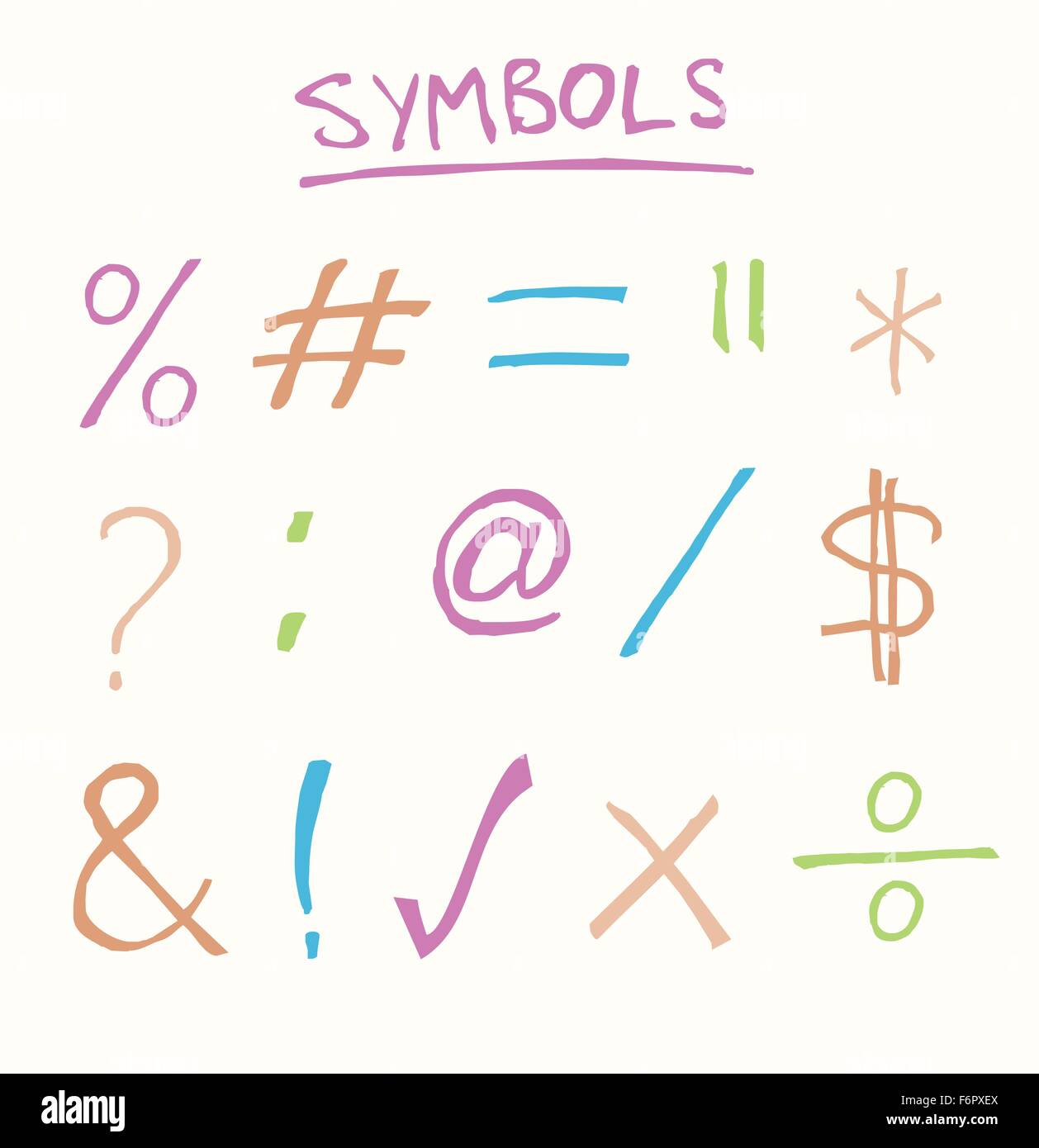 Disegnata a mano i simboli comuni quali equals, tick, croce e, hashtag Illustrazione Vettoriale