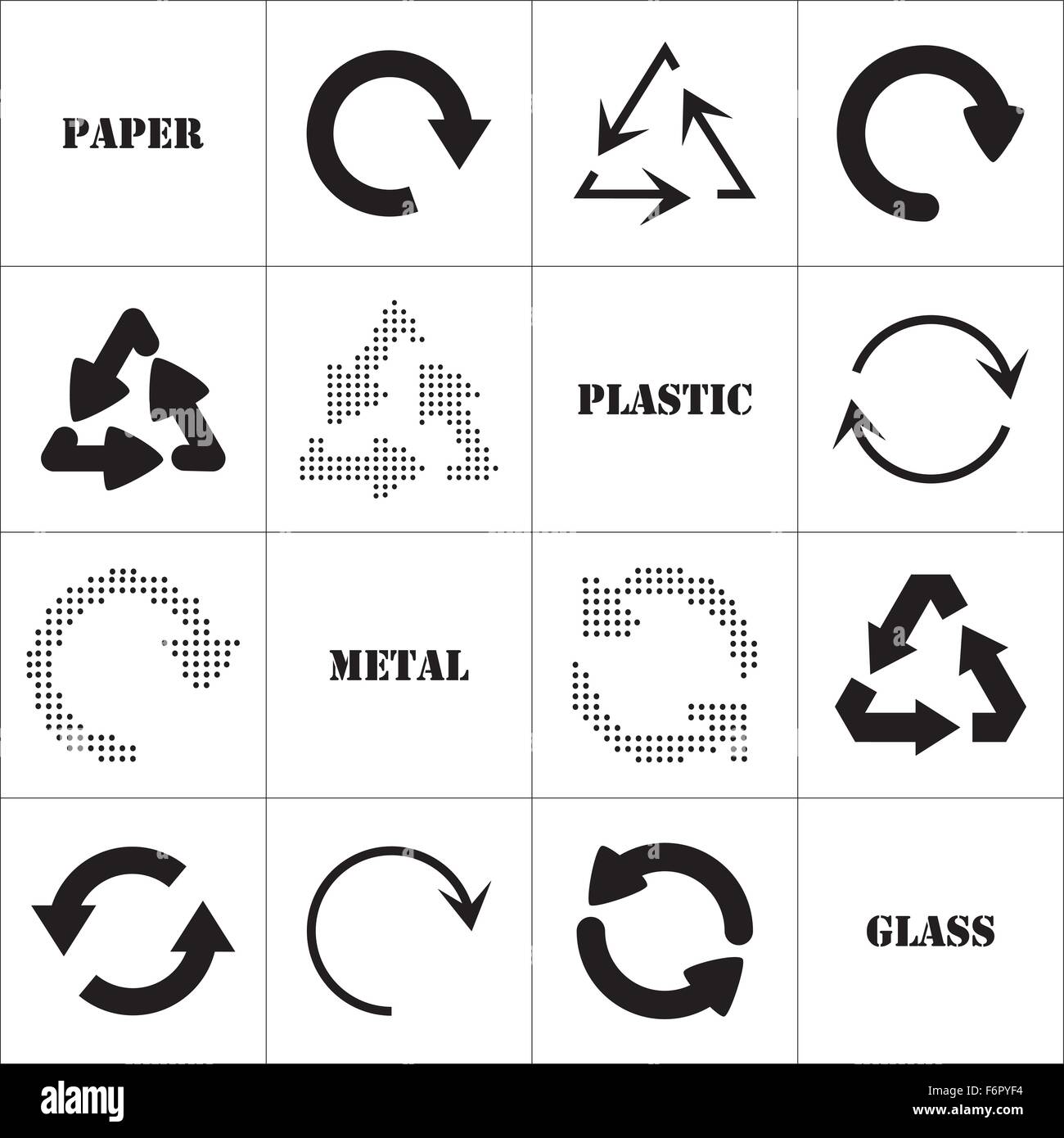 Semplice design piatto simboli di riciclo in isolato nero su sfondo bianco Illustrazione Vettoriale
